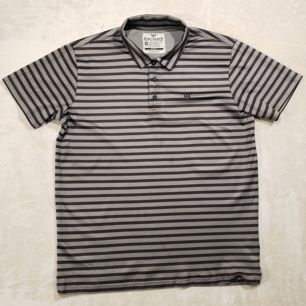King Ranch Performance Golf Polo Shirt Men Medium Gray Striped Short Sleeve